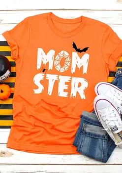 

Halloween Momster Bat T-Shirt Tee Orange t shirts for Women 2020 Summer New Casual Top tees Female Clothing Letter Print Tees