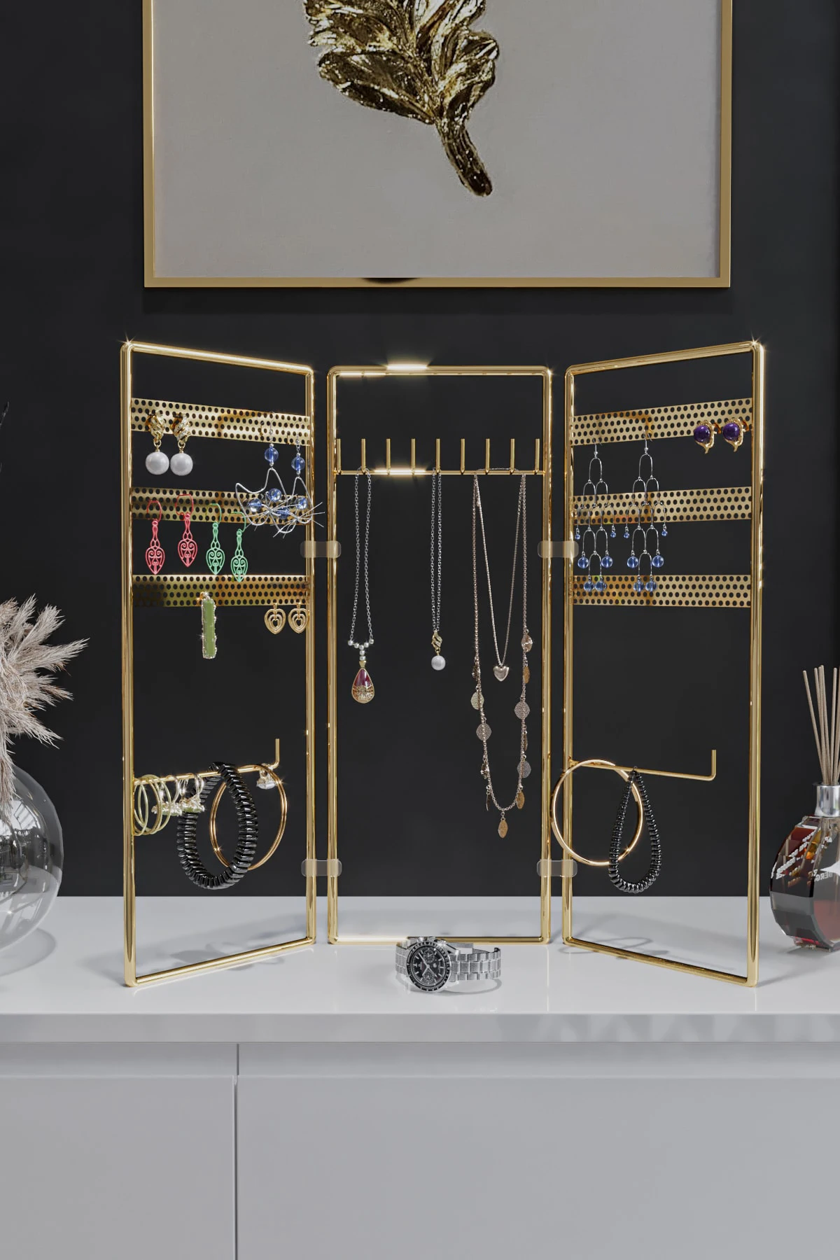 Gold Gold 3-Piece Jewelry Stand, Jewelry, Earring, Bracelet, Necklace Set, Jewelry Cabinet Organizer