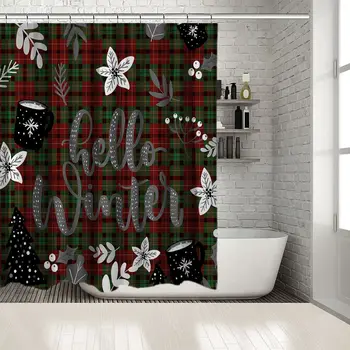 

Pine Trees Leaves Mugs on Plaid Pattern Traditional Christmas Theme Artwork Printed Green Red Black Shower Curtain