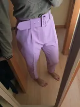 Aonibeier elegante carrera pantalón Oficina dama Pantalones rectos de cintura alta cinturón Casual de la longitud del tobillo de las mujeres traje de pantalones bolsillos Sashes