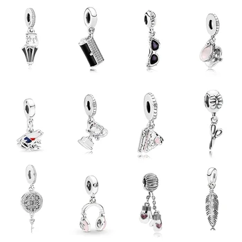 

New Fashion Silver 925 Spiritual Feather, Sunglasses, Love Gloves, Scissors, Black Clutch, Tea Cup Original Jewelry Best Gift
