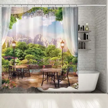 

Shower Curtain Mountains Trees Forest Colorful Flowers View from Cafe Chairs with Balcony and Tables Green Brown Purple Blue