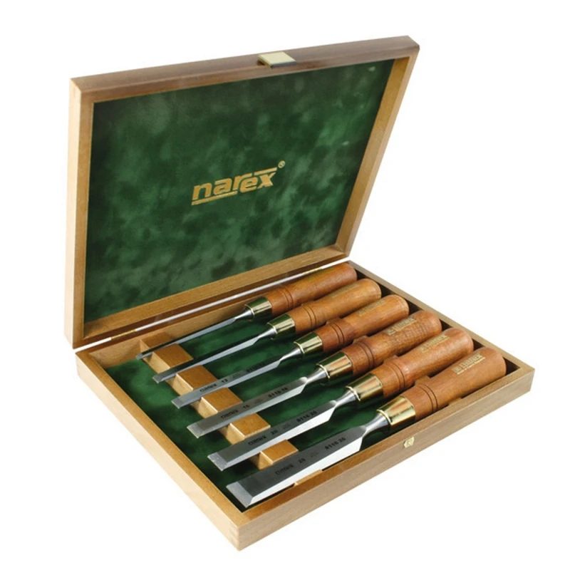 Набор из 6 плоских стамесок с ручкой WOOD LINE PLUS(6,10,12,16,20,26) в деревянном кейсе, Narex