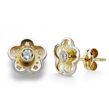 

Earrings 18k gold two-color flower cubic zirconia 8mm. [AA0282]