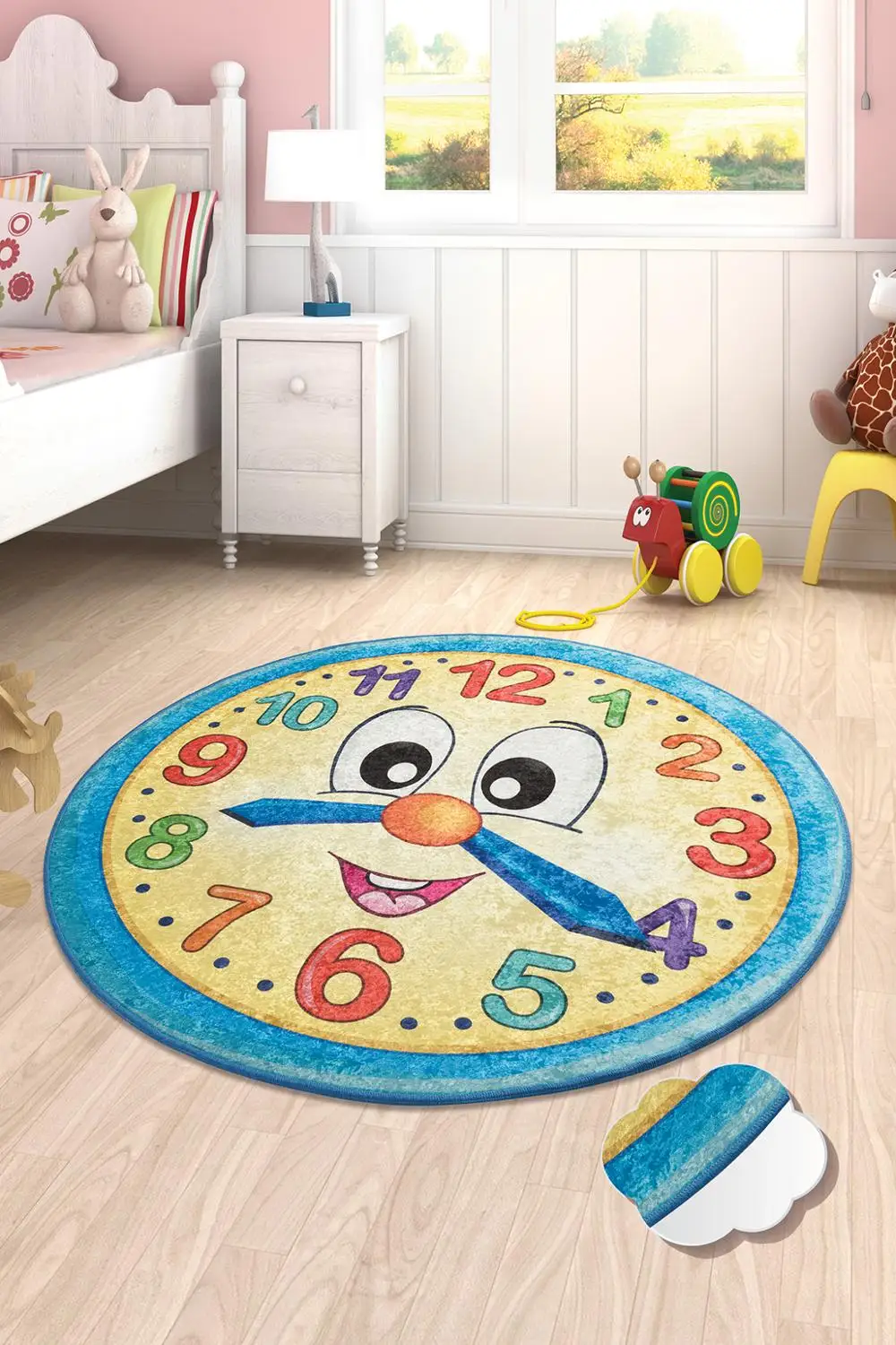 Antdecor Clock Face Themed Round Bath Rug Area Rug Kids Rug Blue 40" 100 cm