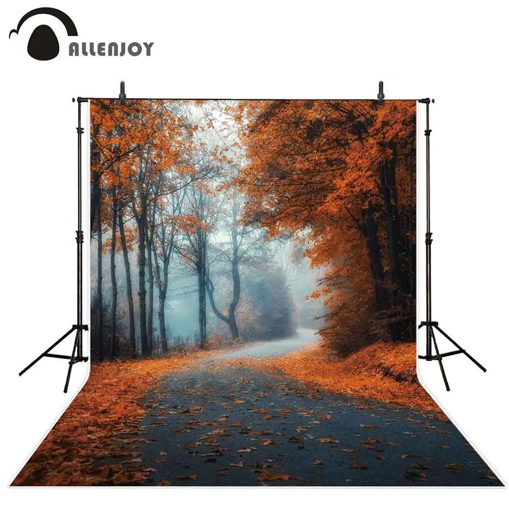 

Allenjoy Fall Autumn Misty Forest Photography Backdrop Alley Maple Leaf Tree Wonderful Scenery Road Background for Photo Studio