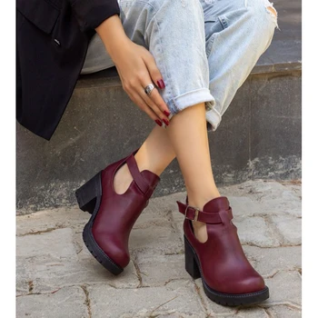 

Degna Burgundy Leather Women Bootie. High Quality, 2021 Fashion, Stylish Design, Comfortable Casual, Buckled, Spring Summer Autumn Heels
