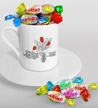 

Personalized Best Teacher Turkish coffee Cup and Haribo Candy Gift Seti-7