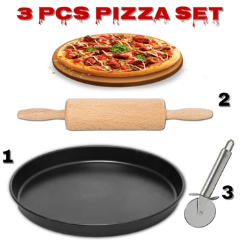 

Pizza Set-3pcs-Fireproof Non-Stick Oven Tray Pan-Bamboo Wooden Dough Roller-Stainless Steel Slicer With Wheel-Same Day Shipping