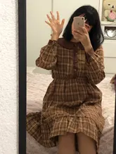 Plaid Dress Peter-Pan-Collar Long-Sleeve Autumn-Style Mori-Girl Cute Kawaii Fashion Lady
