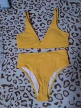 Swimsuit Women Biquini Ribbed Peachtan Sexy High-Waist V-Neck Stripe Sport Mujer Solid