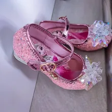 Disney Frozen-zapatos de princesa Elsa para niñas, Sandalias de tacón alto informales con purpurina de cristal de cuero, color rosa, azul y plateado