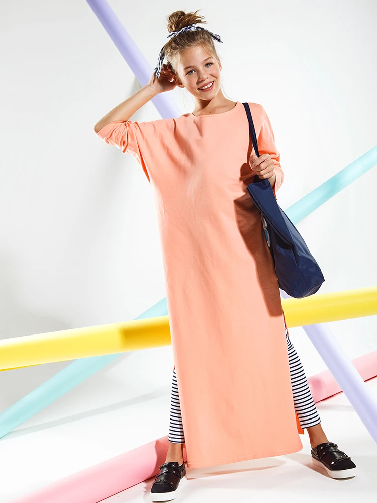 GemKids детское трикотажное платье для девочек из хлопка, дизайн, новинка, длинное платье, свободный крой