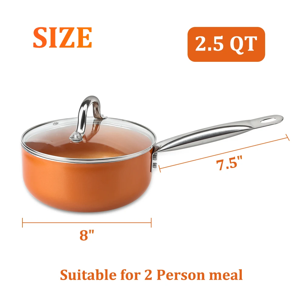 2,5 Qt. Медная антипригарная Кастрюля с крышкой для приготовления супа, рагу, соуса, макаронных изделий и разогрева пищи