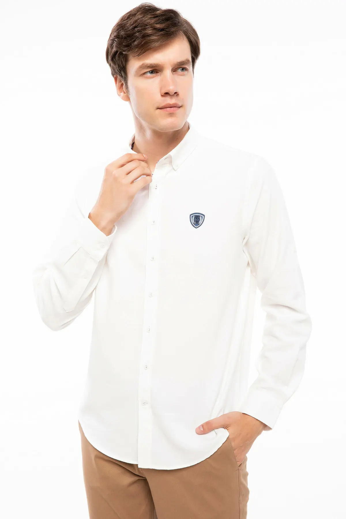 Дефакто мужская белая синяя хлопковая рубашка с длинным рукавом мужская деловая рубашка с отложным воротником Топ Shirts-J1779AZ18AU