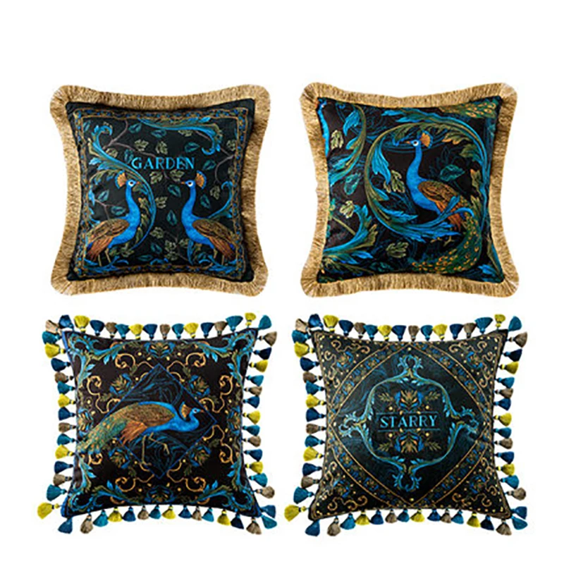 Square Velvet Throw Pillow Cover, Peacock Feathers, Beautiful