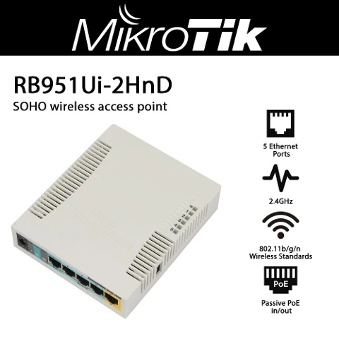 

RB951Ui-2HnD 2.4GHz AP with five Ethernet ports and PoE output on port 5. It has a 600MHz CPU, 128MB RAM and a USB port.