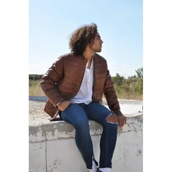 

Zerimar padded leather jacket with mandarin collar and zippers