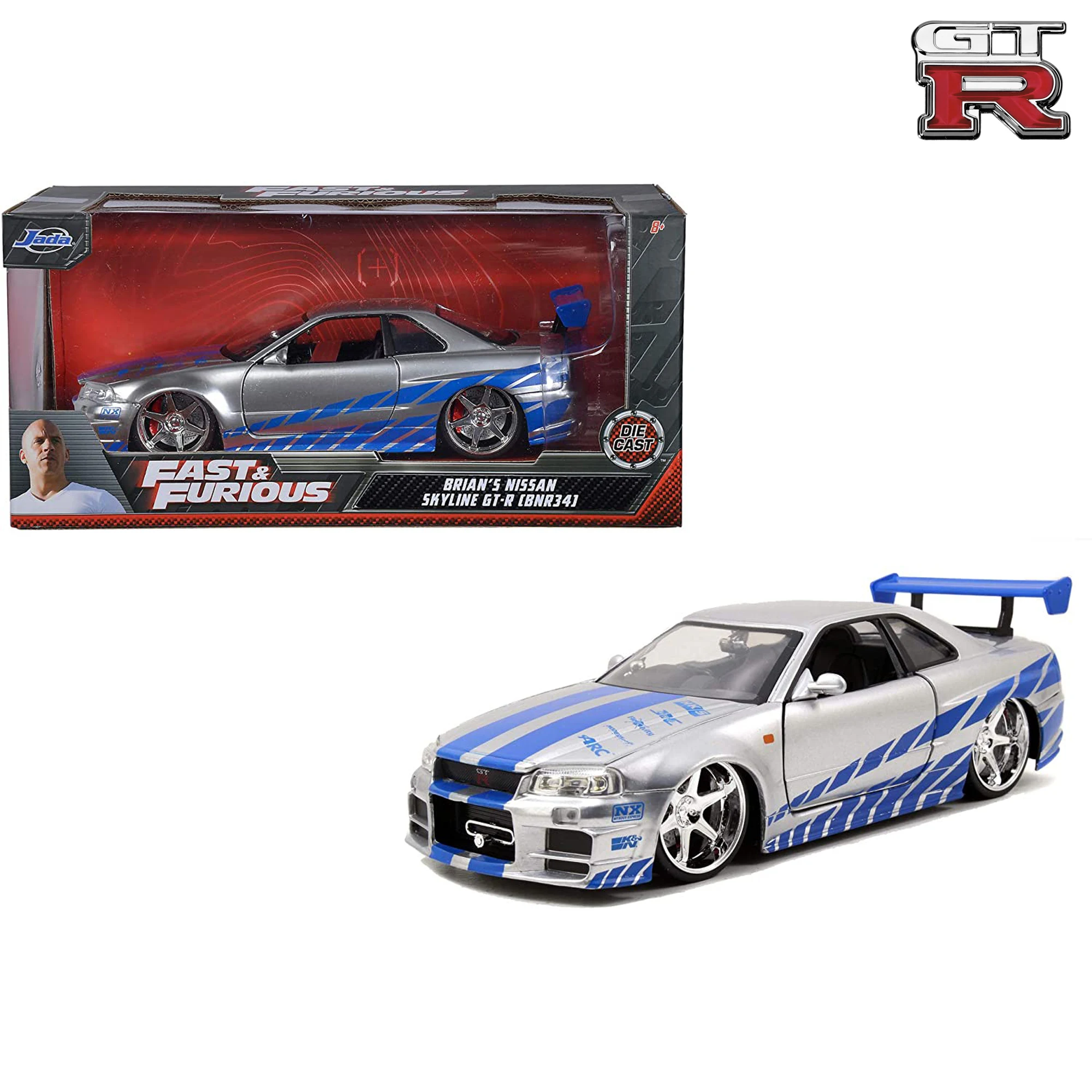 

Jada Toys 1/24 Форсаж Брайана Nissan Skyline GT-R (R34) модель автомобиля JDM уличный Дрифт Супер Автомобили металлический чехол Подарок оригинал