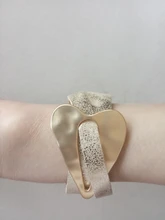 Amorcome Champagne Gold Metal Heart Charm Leather Bracelets for Women Fashion Wide Wrap