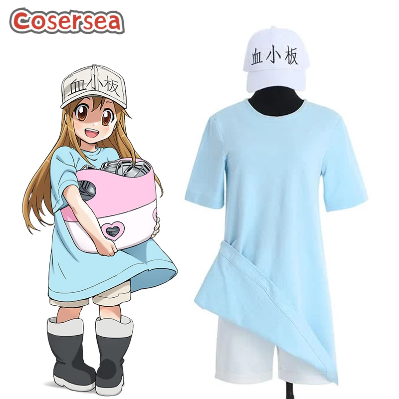 

Cosersea Anime Hataraku Saibou Cells at Work Platelet Cosplay Costume T Shirt Shorts Hat Dress Fullset