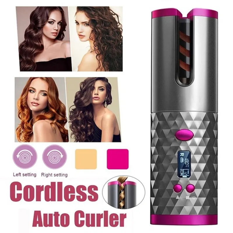 USB Hair Curler Rechargeable Wireless Automatic Curling Iron Ceramic Rotating CordlessTimer LCD Digital Hair Stying Tools