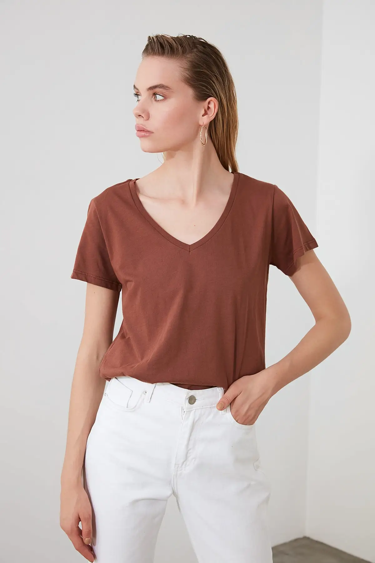 Trendyol 100 coton simple Jersey col en v basique tricoté T-Shirt TWOSS20TS0129 ► Photo 3/6