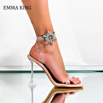 

Square Toe PVC Transparent Crystal Wommen Sandals Goblet Heels Shinny Sexy Jelly Pumps Wedding Party Fashion Shoes Lady Sandals