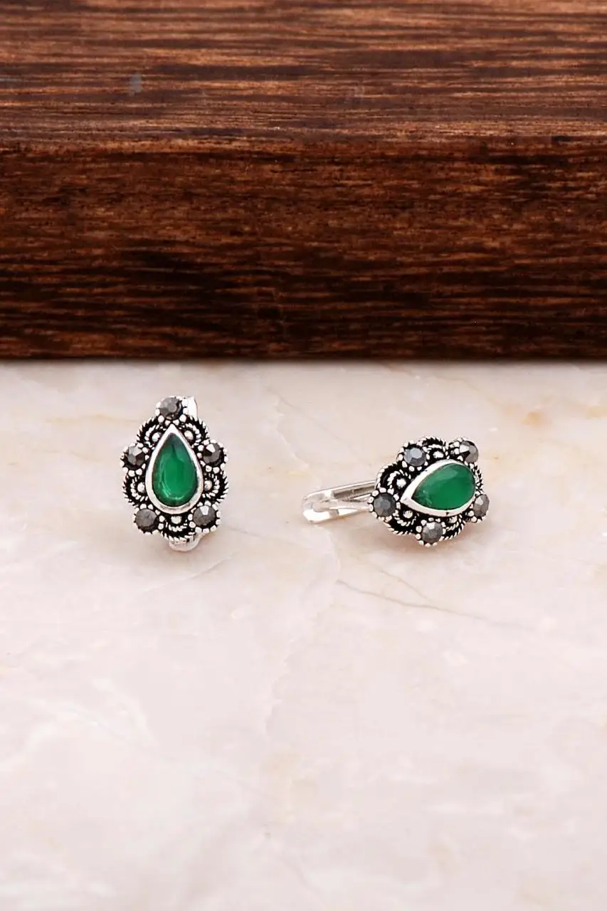 

Mini Silver Earring with Root Emerald Stone 4768 High Quality Hand Made Original Filigree Silver Jewellery Gift for Women