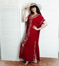 Tunic Women Beachwear Long-Dress Embroidery Batwing-Sleeve Oversize Black Plus-Size Summer