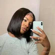 4x4 de cierre de encaje peluca recta con corte BOB cabello humano BOB corto pelucas Pre arrancado 8 -14 contundente corte Remy Peluca de pelo para las mujeres 150% de densidad