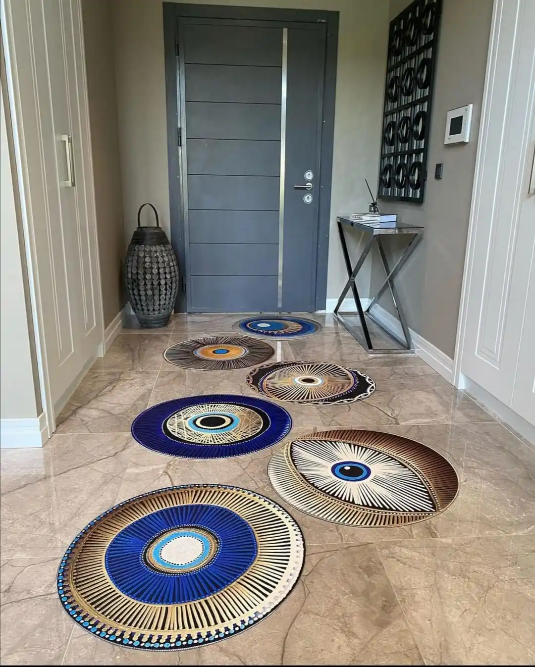 

Home Decoration Corridor Rug Round Ellipse Eye Detailed Trend Pattern Anti-Slip Sole Foal Feather Washable Fabric Multicolour