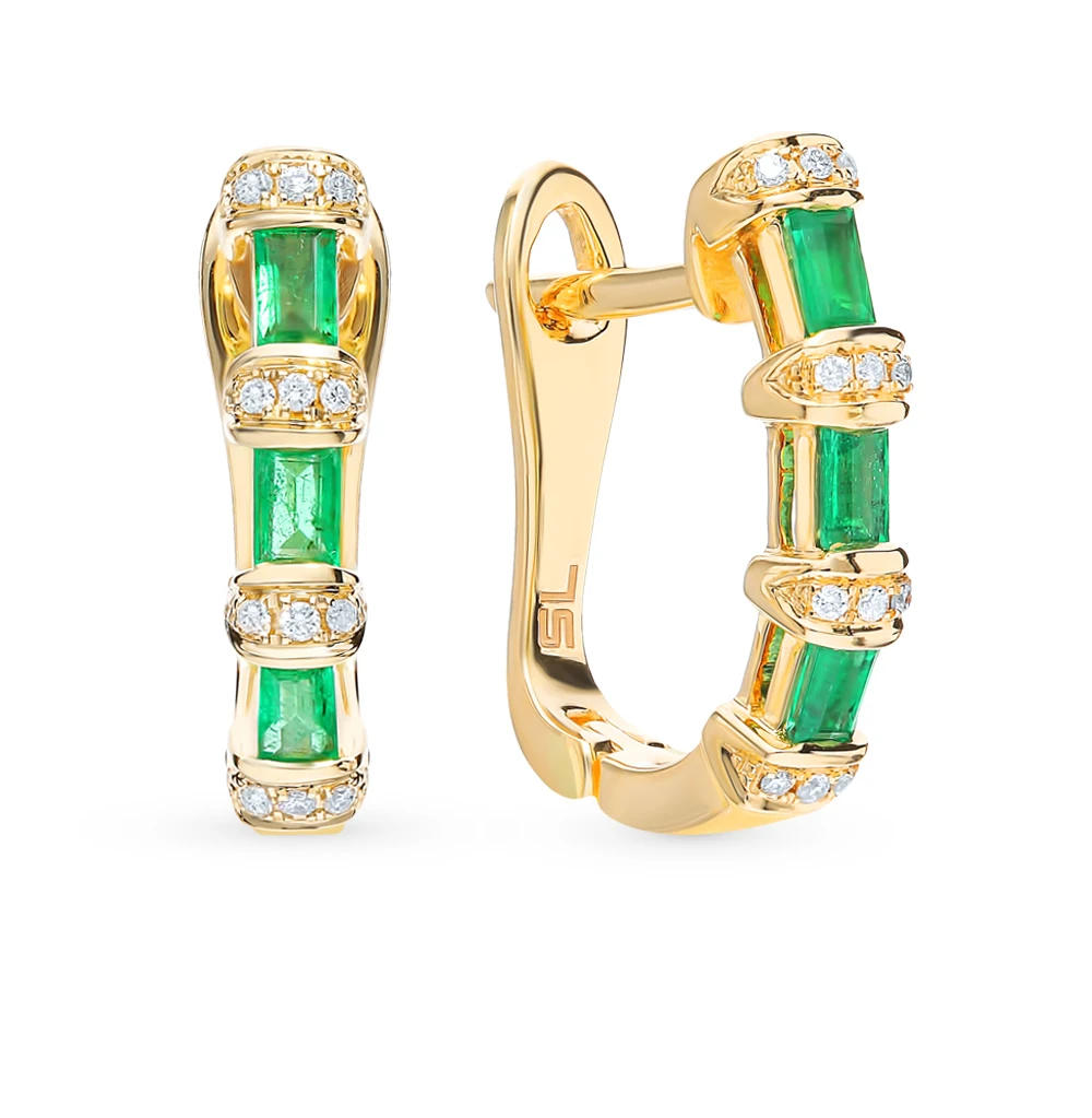 Gold earrings with emeralds and diamonds SUNLIGHT test 585