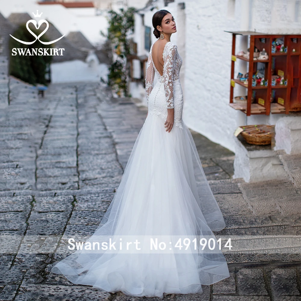 Сексуальное свадебное платье с открытой спиной, Swanskirt K311, винтажное платье с v-образным вырезом и аппликацией, Русалка, длинный рукав, платье невесты, иллюзия, Vestido de Noiva