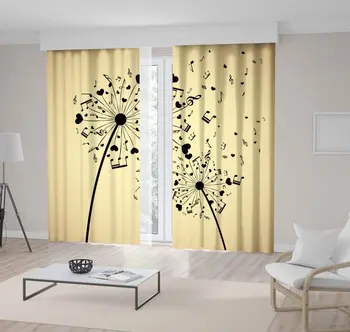 

Curtain Dandelions with Musical Notes and Hearts Vintage Artwork on in Black Beige Background Silhouette Printed