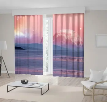 

Curtain Huge Moon Reflects in Calm Ocean Water Landscape of Alien Planet Futuristic Photo Printed Pink Blue