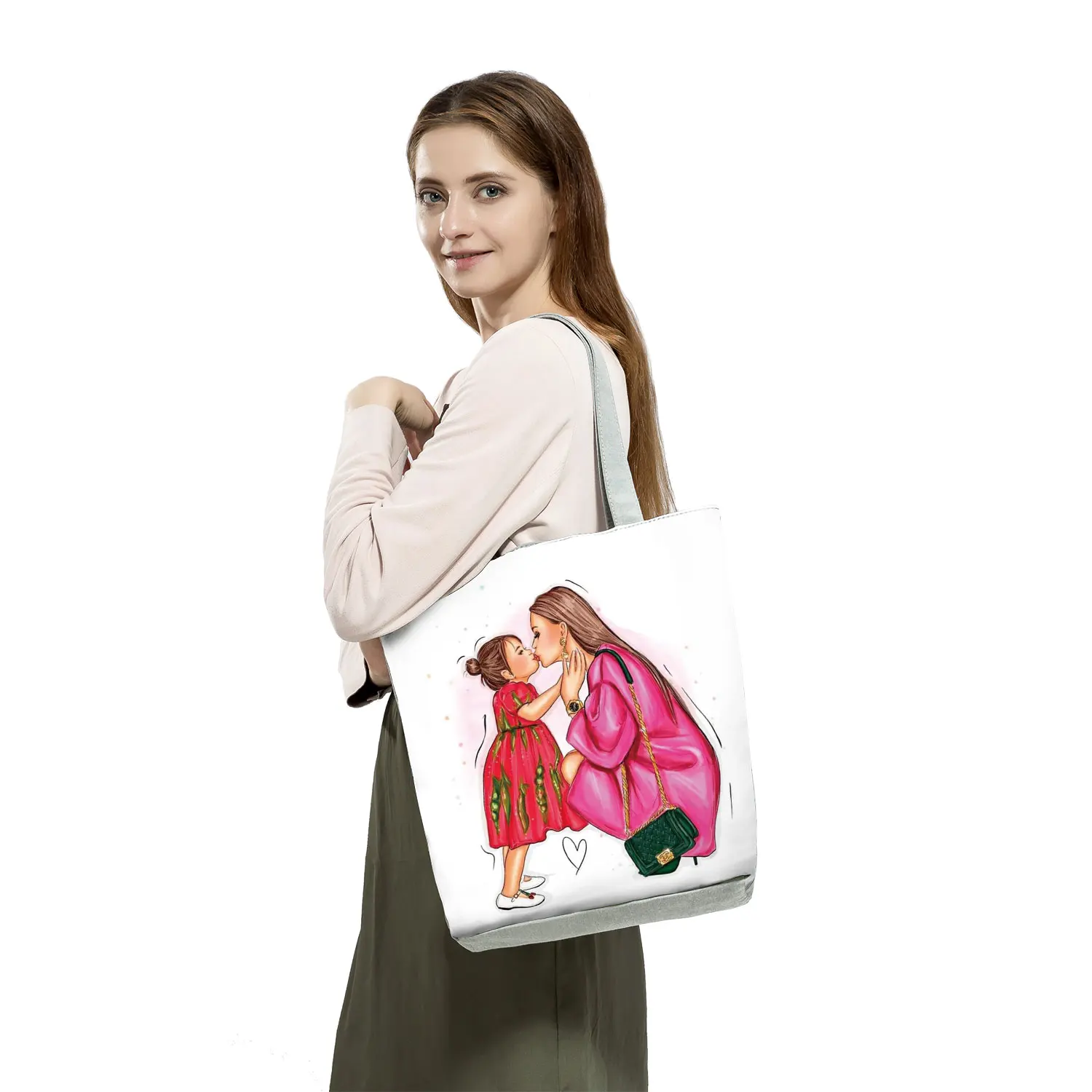 Cute Cartoon Super Mama Print Tote Bag Reusable Shoulder Bags Mom and Baby Folding Women Casual Handbags Portable Shopping Bag wristlet bag