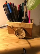Organizador de maquillaje para el hogar, porta lápiz de madera con cámara creativa