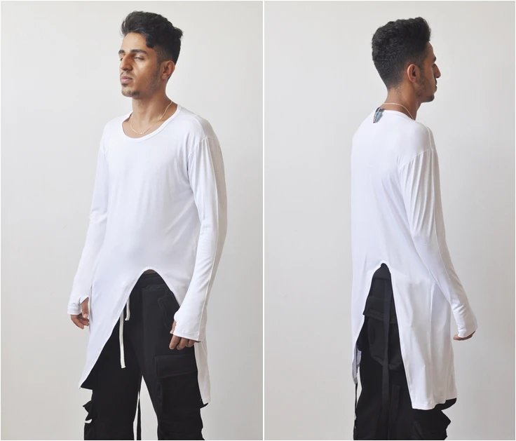 

Fitted Long Sleeve Cotton Asymmetric Front & Back Cut Featuring a Round Neck and OverLong Tuxede Tail Tshirt