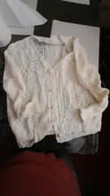 Chaqueta corta de las mujeres primavera hueco elegante cuello en V coreano Vintage mujer jersey blanco dulce chicas perlas ropa de punto de mujer