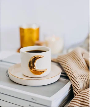 

Handmade ceramic double Turkish coffee Espresso cup with Golden Moon Pattern