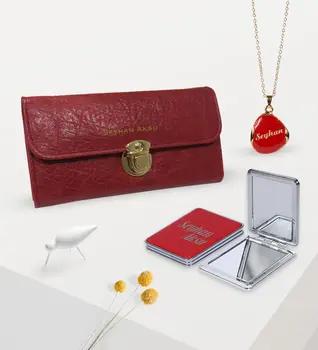 

Women Custom Is Red Wallet Enamel Necklace and Mirror Gift Set