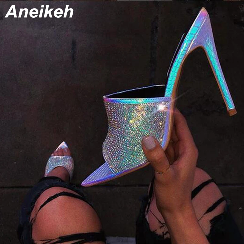 Aneikeh/Новинка; модные тканевые шлепанцы со стразами и блестками; женские туфли на высоком тонком каблуке с открытым носком; женские тапочки; размер 42