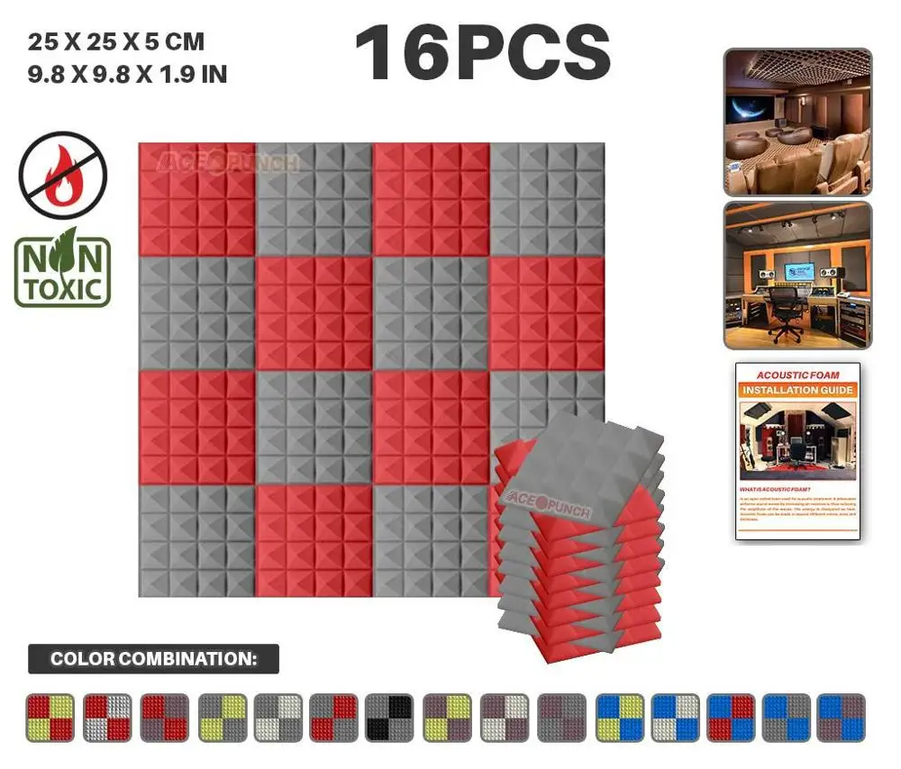 Gray and Red Arrowzoom 16 шт. набор цветов 9," x 9,8" x 1," Пирамида плитка студия Звукопоглощающая Панель акустическая пена AZ1034 - Цвет: Gray and Red