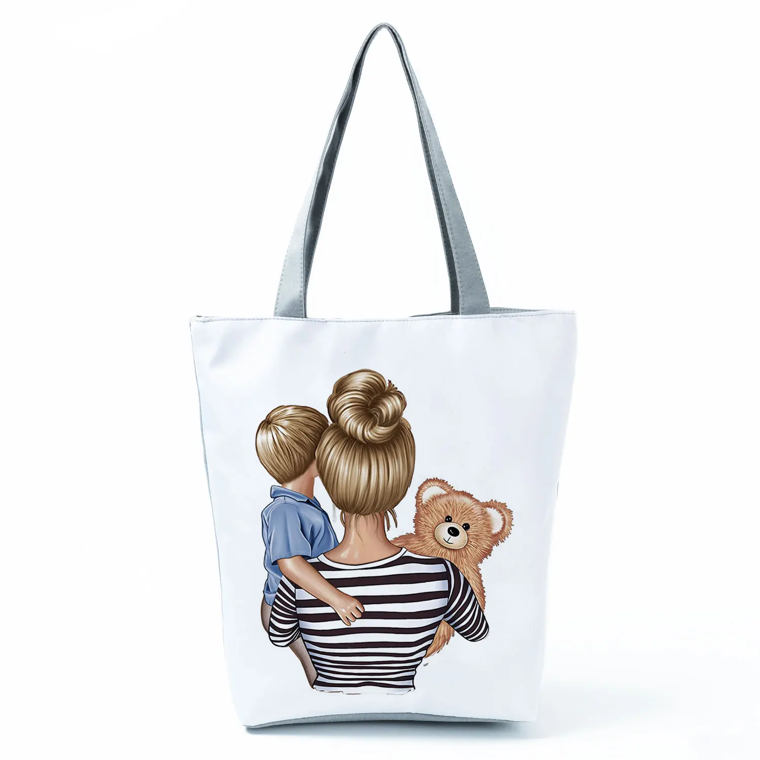 Cute Cartoon Super Mama Print Linen Tote Bag Reusable Shoulder Bags Mom And Baby Fold Women Casual Handbags Lady Fabric Totes 