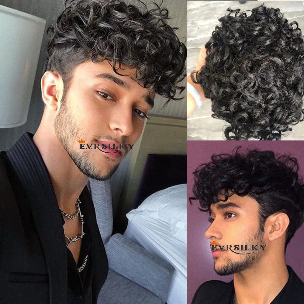 Human Hair Toupee 20mm Curly Men Wig Super Durable Full Thin Skin PU Injection Microskin Toupee Capillary Prosthesis 100% Human Hair Cheap System