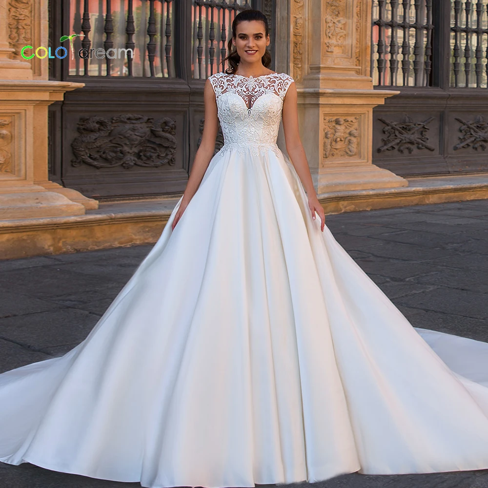 Свадебное платье A line vestido de novia Chapel train с круглым вырезом