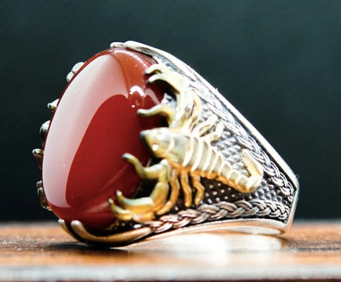 

Solid 925 Sterling Silver Oval Agate With Scorpion Ring Men's High Quality Biker Business Jewelery Acessory Gift For Him