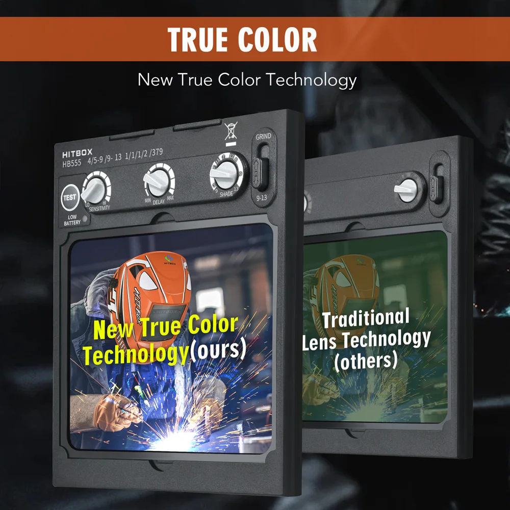 Casco mascara HITBOX de soldadura con oscurecimiento automático pantalla de visión grande, Sensor de arco TIG MIG, Solar, litio, 4