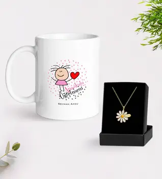 

Personalized Kindergarten Teacher White Mug and Daisy Necklace Gift Seti-5